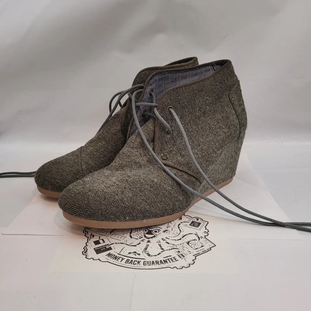 TOMS Desert Wedge Womens Olive Herringbone Lace Up Booties Shoes Size 6W